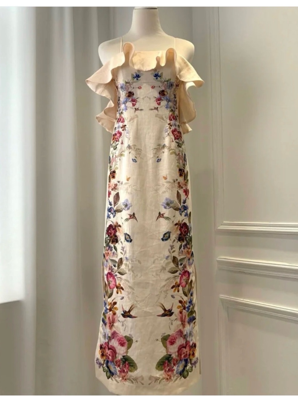 Zimmermann Cream Floral Ruffle Midi Dress